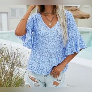 Boutique Floral Flounce Sleeve Blouse